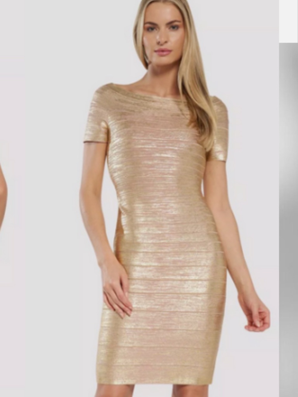 Herve Leger Gold Metallic Bandage Dress | Boat Neck | Short Sleeve | Size M